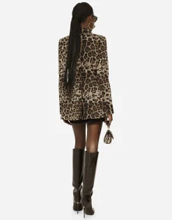Double-breasted wool Turlington jacket with jacquard leopard design