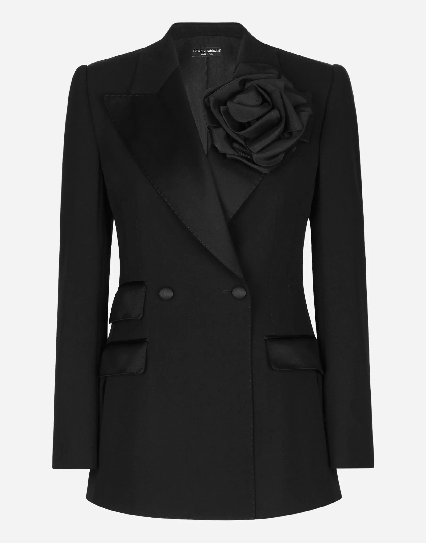 Double-breasted woolen jacket with flower appliqué