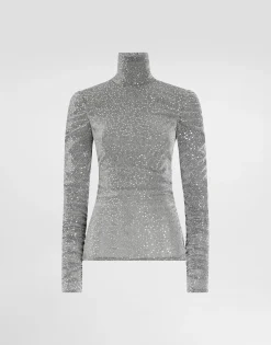 Draped sequined turtle-neck top