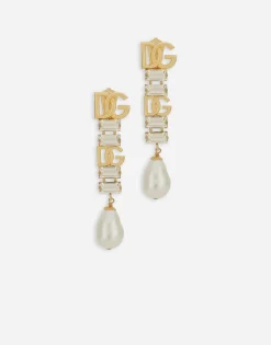 Drop earrings with pearls, rhinestones and DG logo