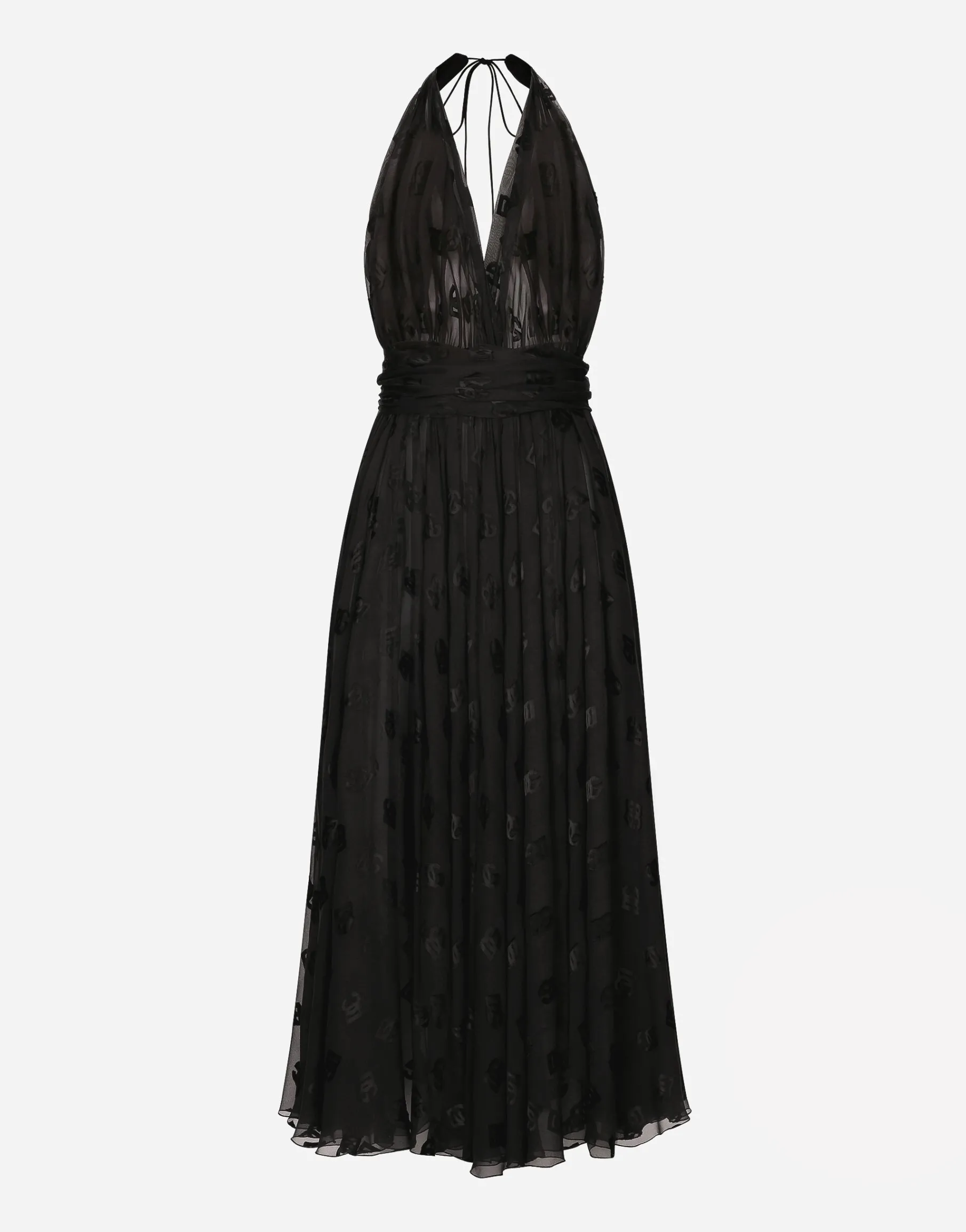 Dévoré satin calf-length dress with all-over DG logo