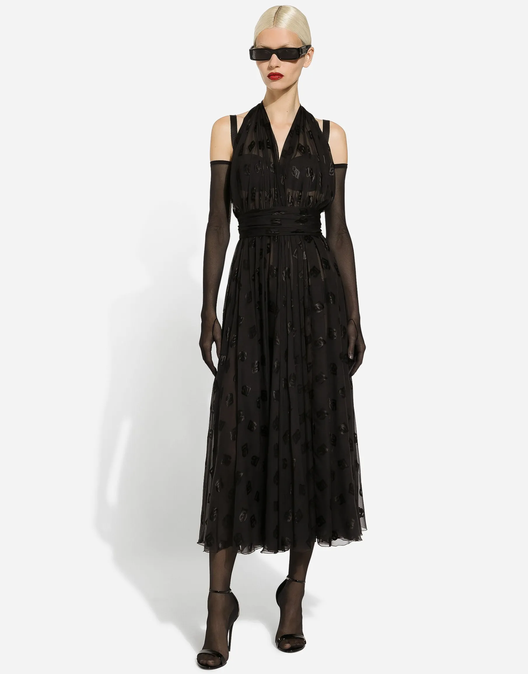Dévoré satin calf-length dress with all-over DG logo