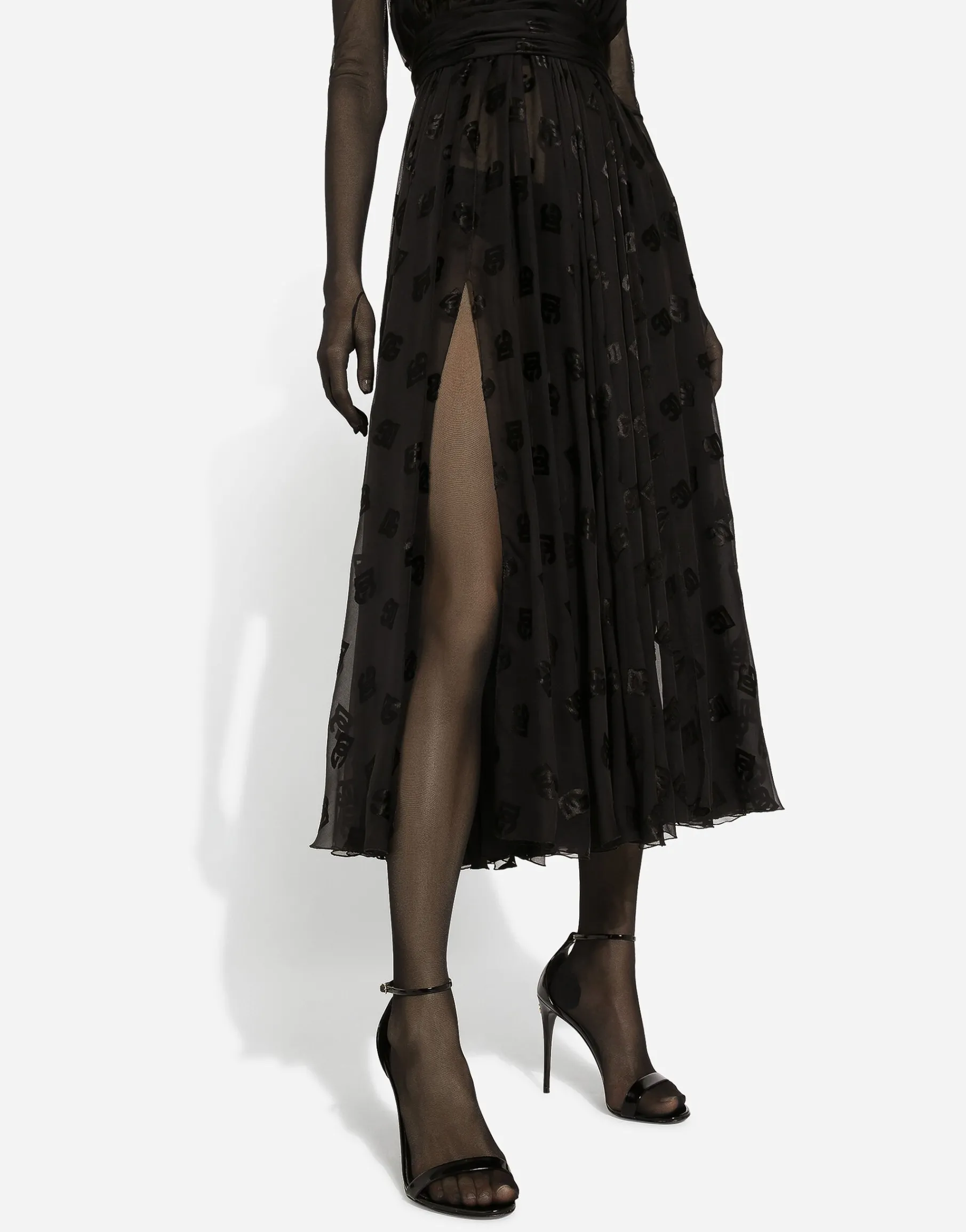 Dévoré satin calf-length dress with all-over DG logo