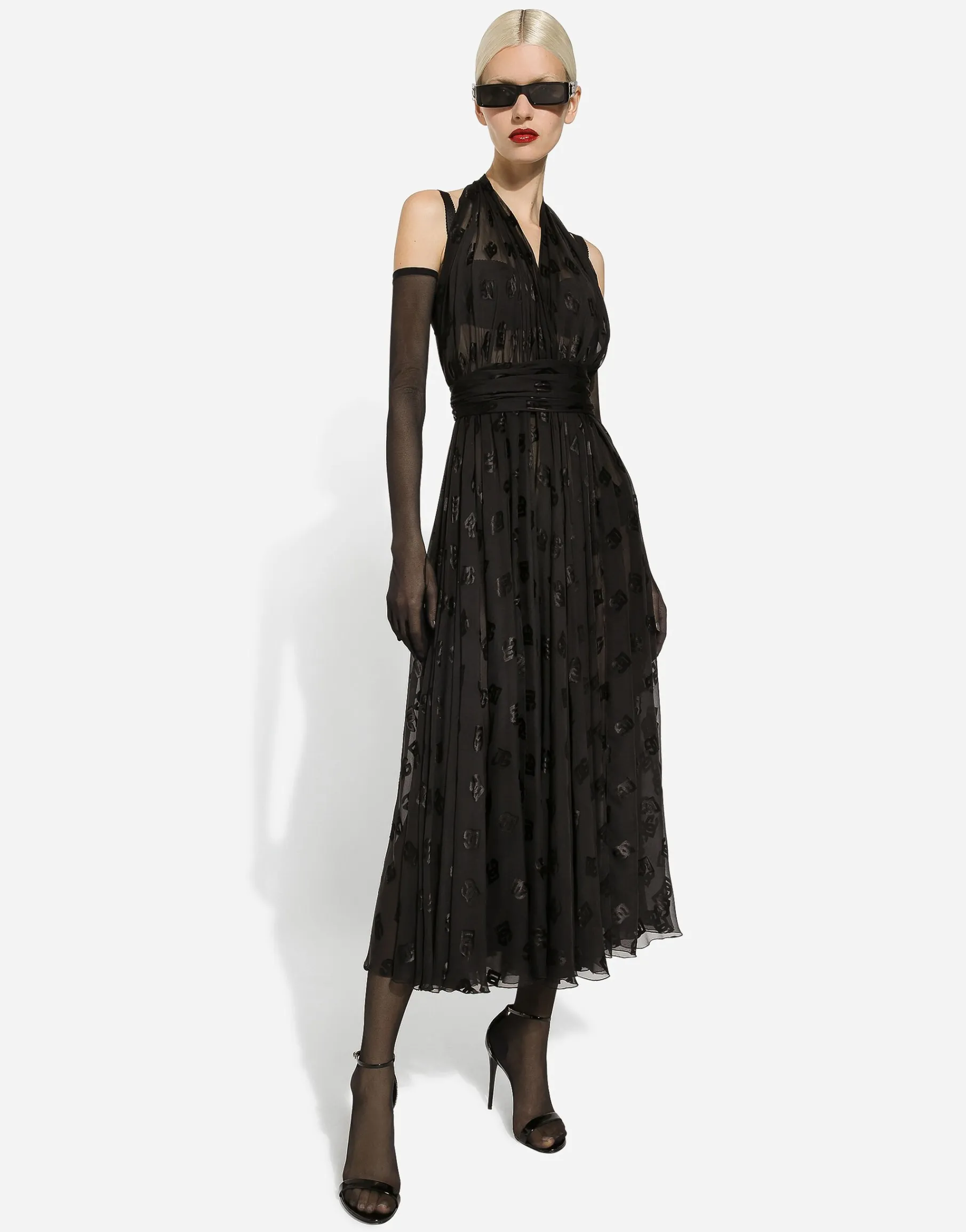 Dévoré satin calf-length dress with all-over DG logo