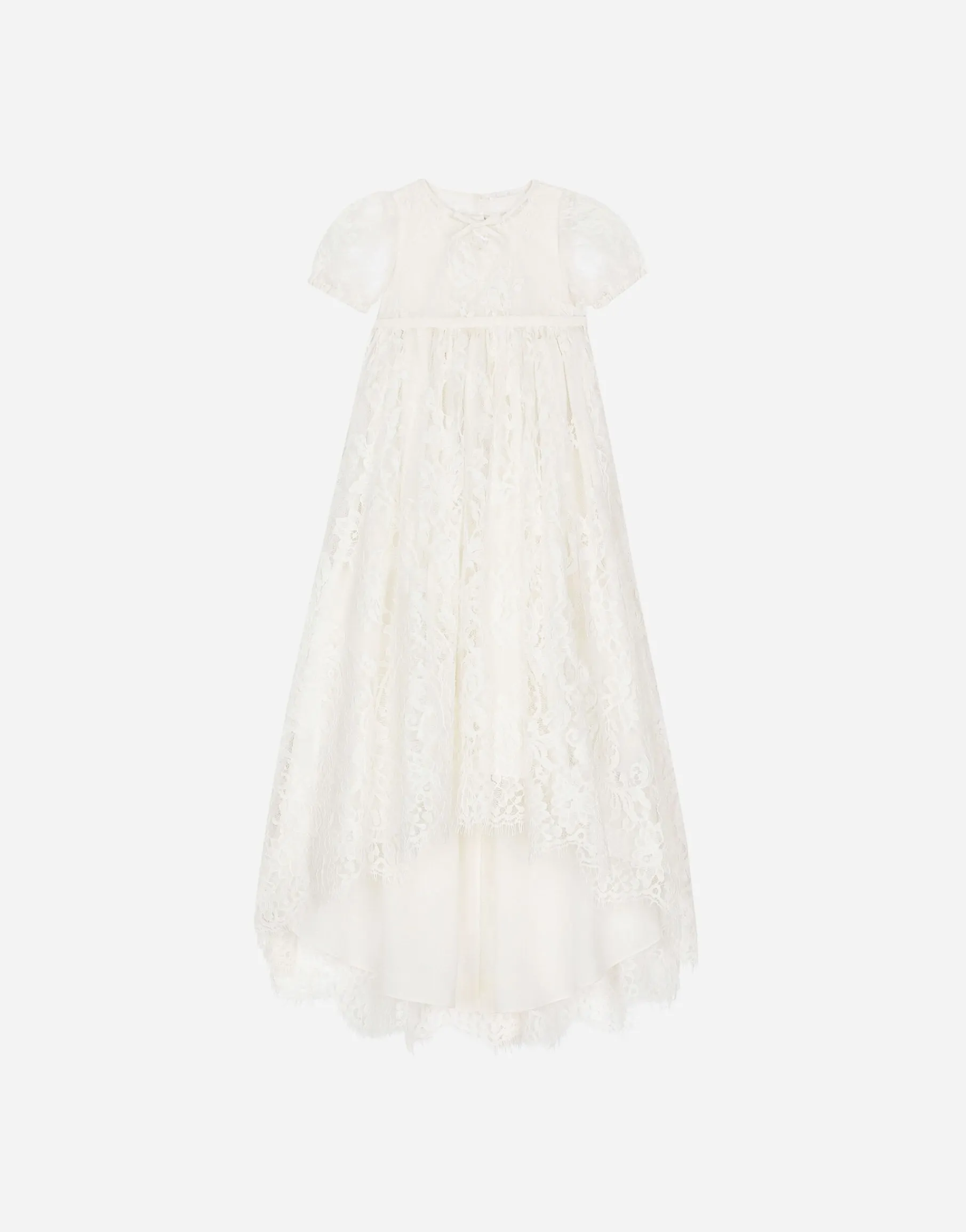 Empire-line ramage Chantilly lace christening dress with short sleeves