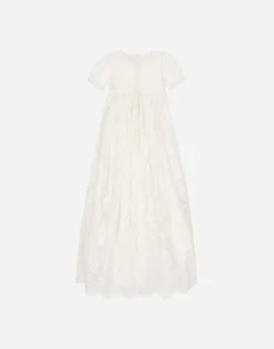 Empire-line ramage Chantilly lace christening dress with short sleeves