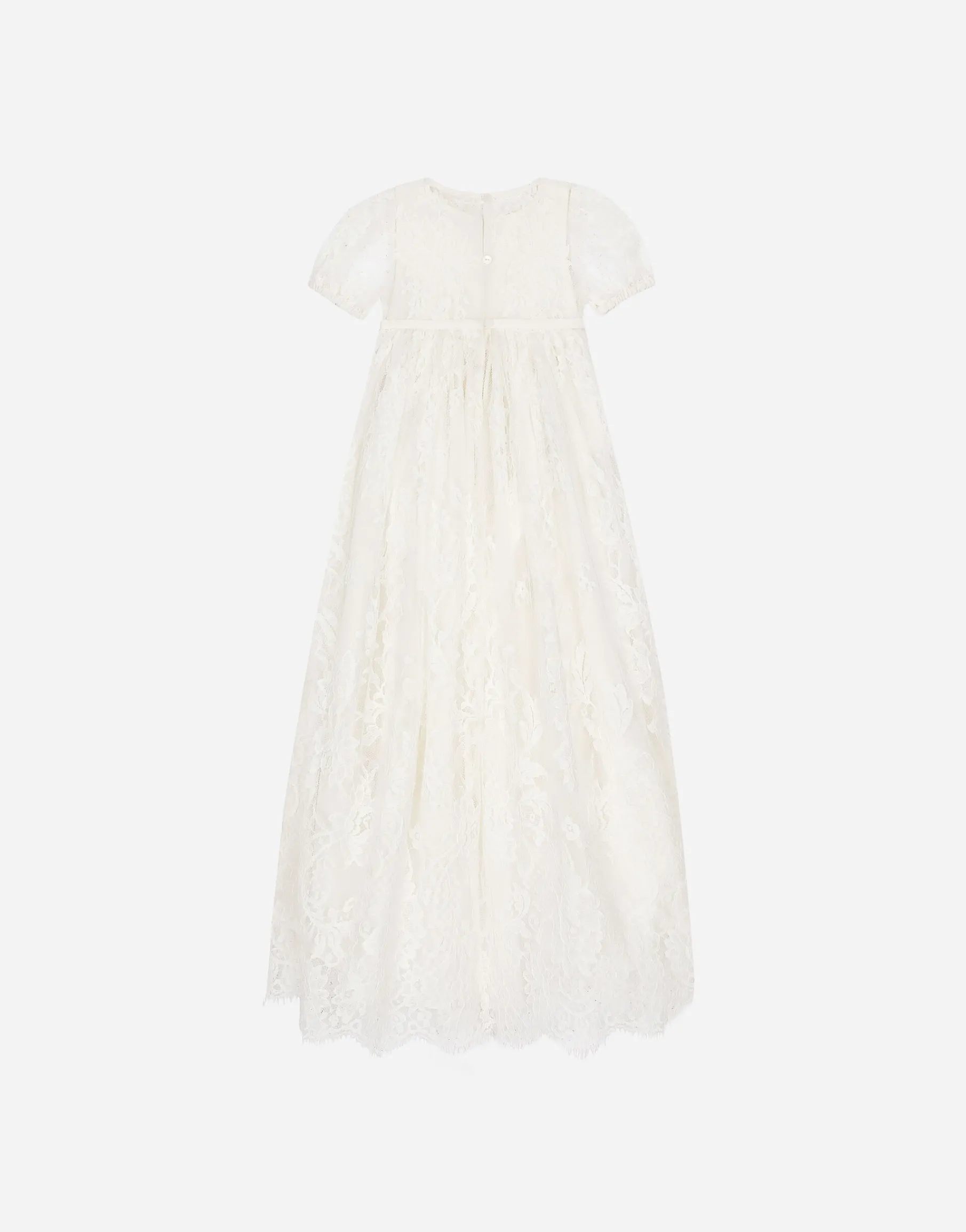 Empire-line ramage Chantilly lace christening dress with short sleeves