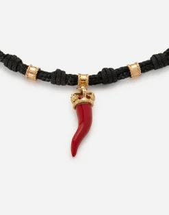 Fabric Good luck bracelet with enameled yellow gold pendant charm