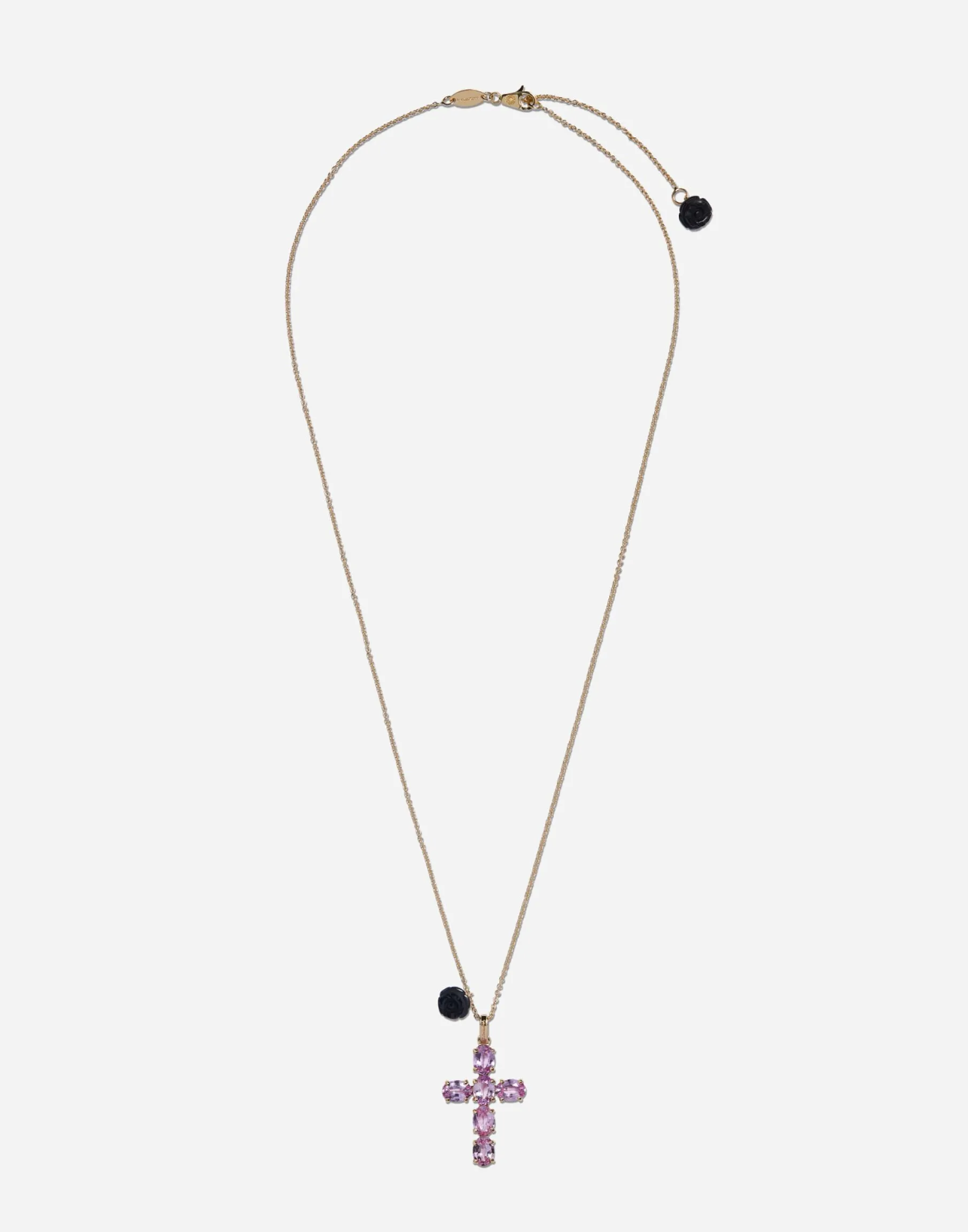 Family cross and rose pendants on yellow gold chain