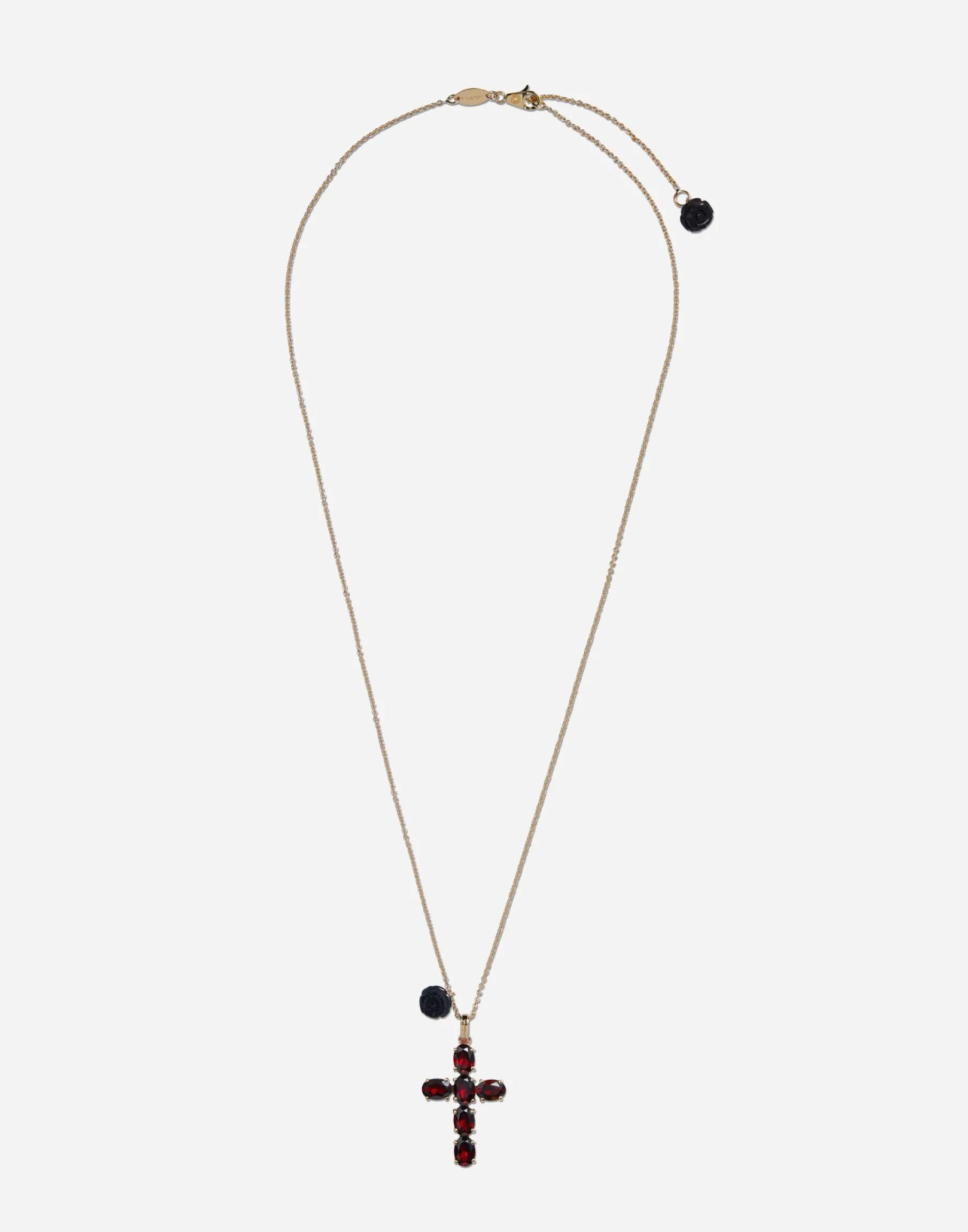 Family cross and rose pendants on yellow gold chain