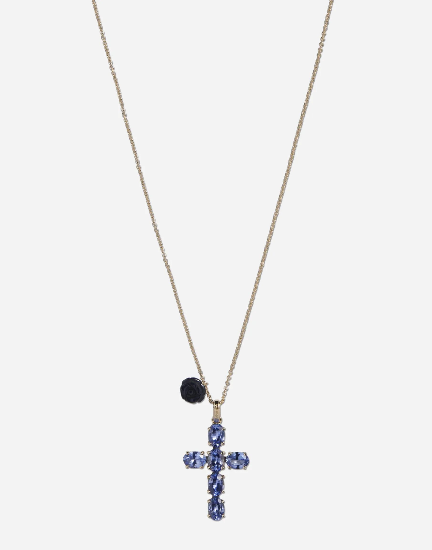 Family cross and rose pendats on yellow gold chain