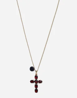Family cross and rose pendants on yellow gold chain