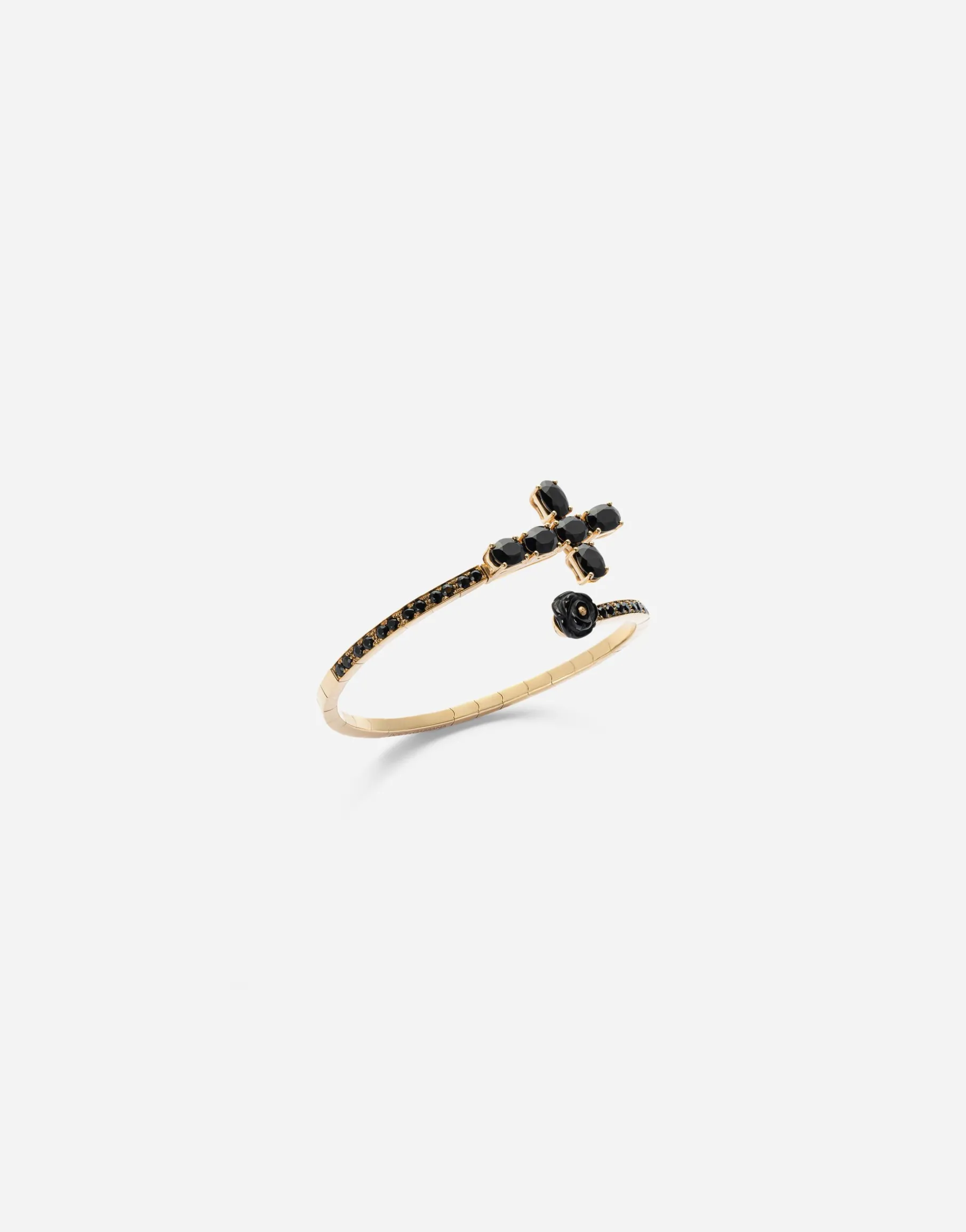 Family yellow gold bracelet with cross, black sapphire and jade