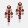 Family yellow gold cross pendant earrings with rubies