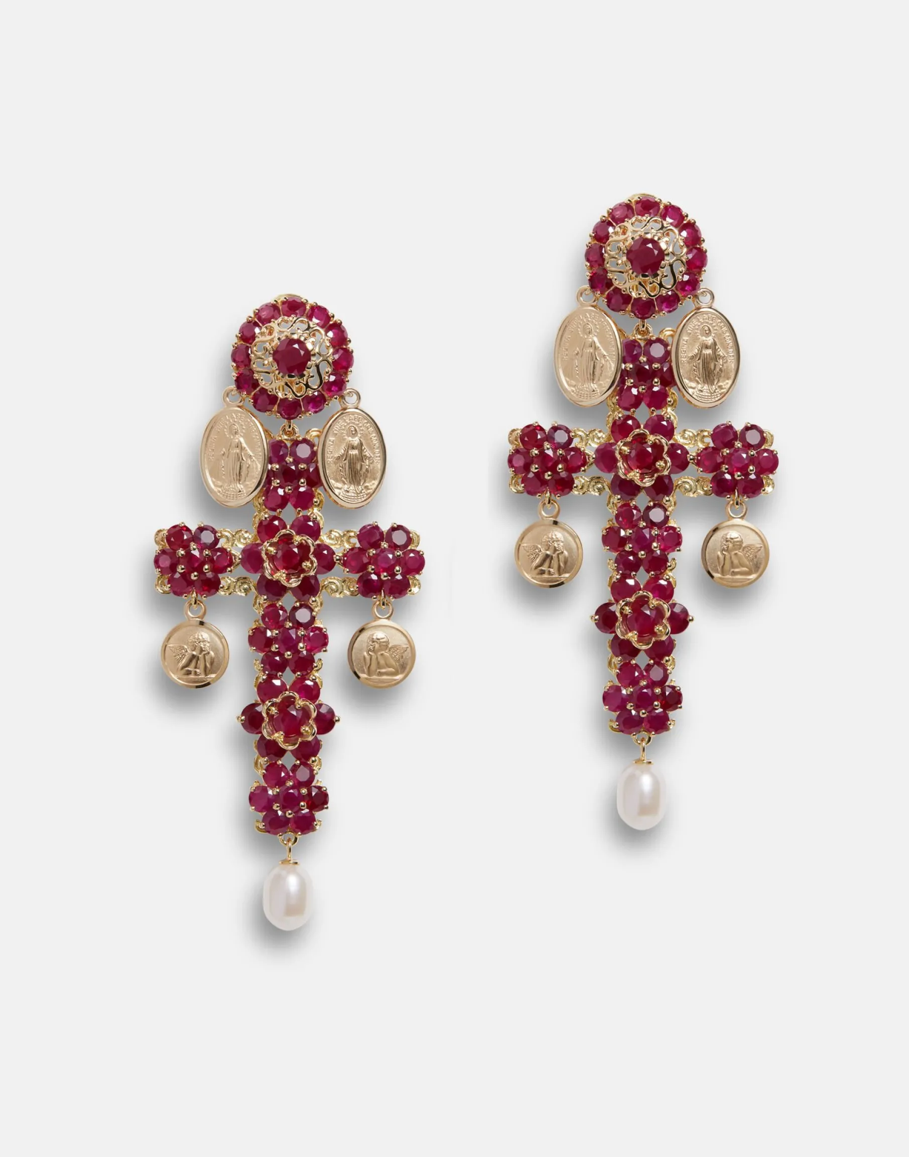 Family yellow gold cross pendant earrings with rubies