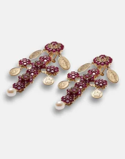Family yellow gold cross pendant earrings with rubies