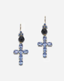 Family yellow gold earrings with rose and cross pendant