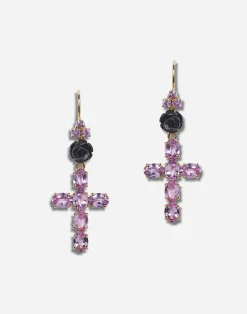 Family yellow gold earrings with rose and cross pendant