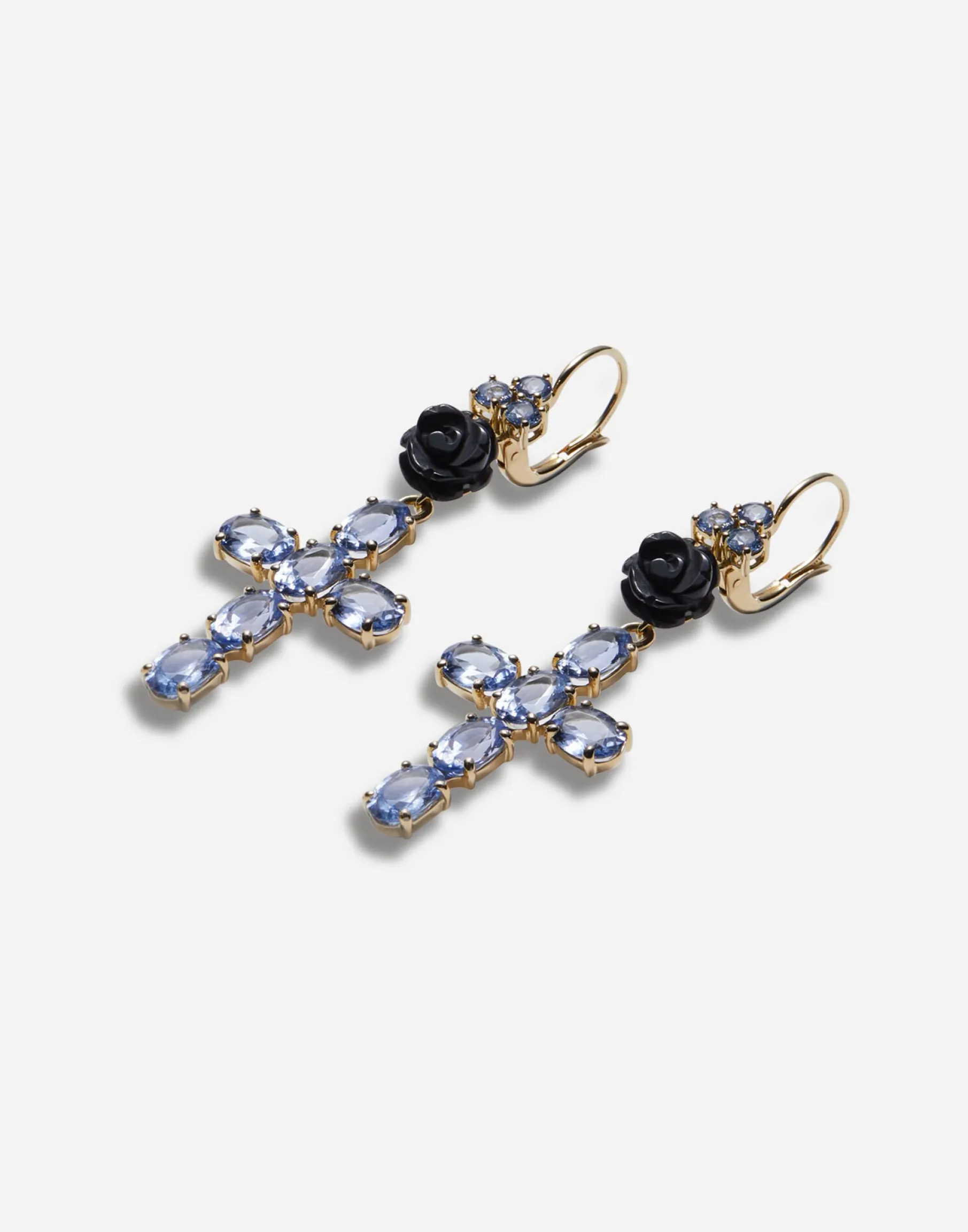 Family yellow gold earrings with rose and cross pendant