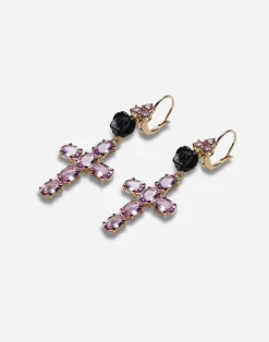 Family yellow gold earrings with rose and cross pendant