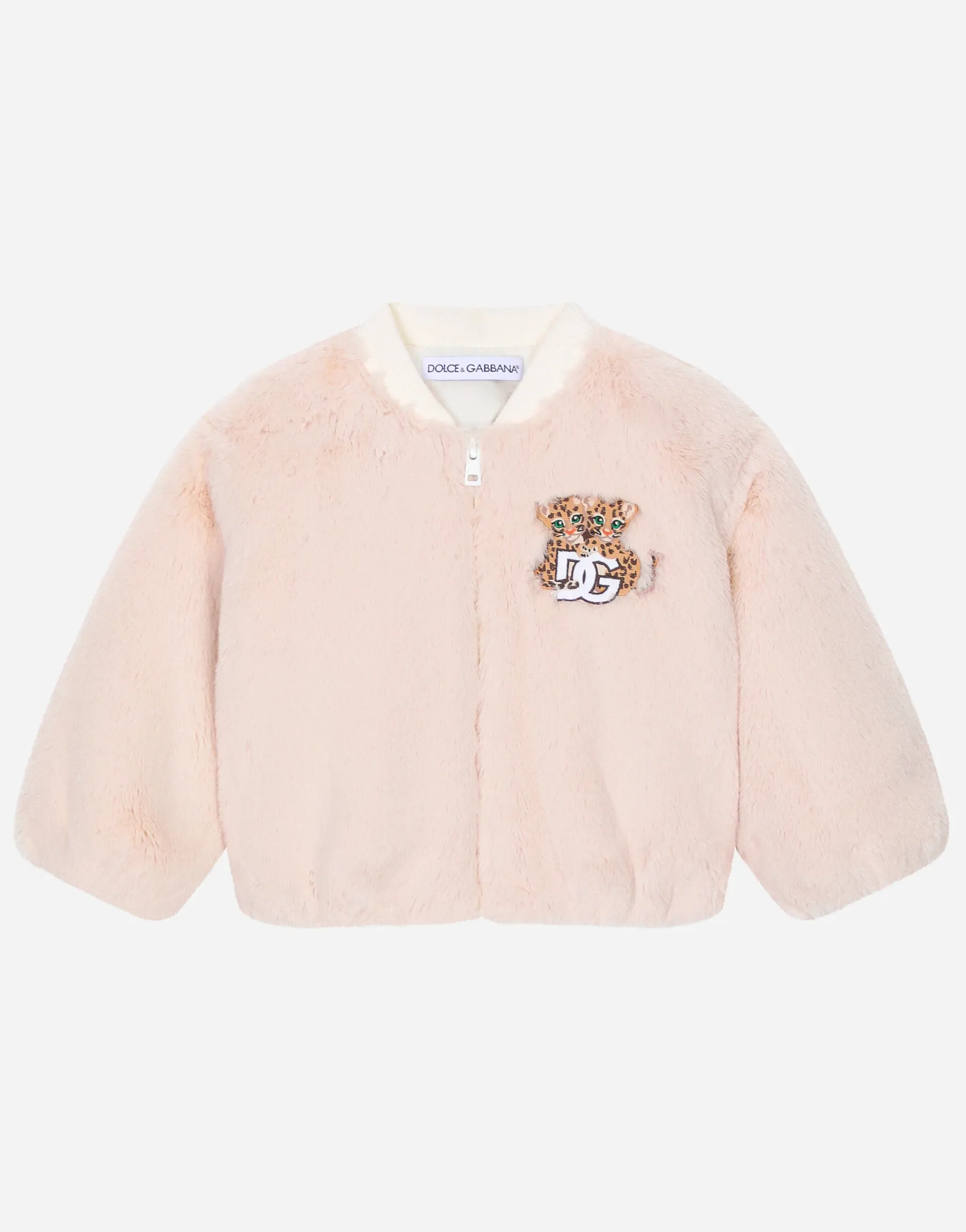 Faux fur bomber jacket with embroidered baby leopard patch