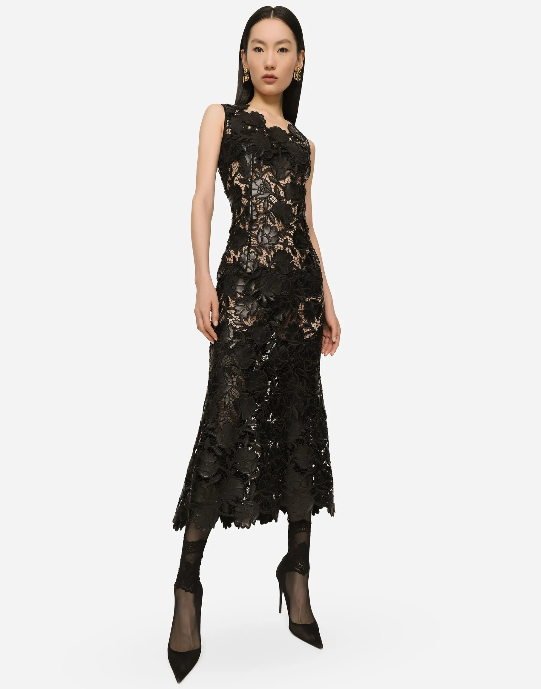 Faux leather macramé calf-length dress