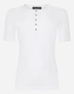 Fine-rib cotton granddad-neck T-shirt