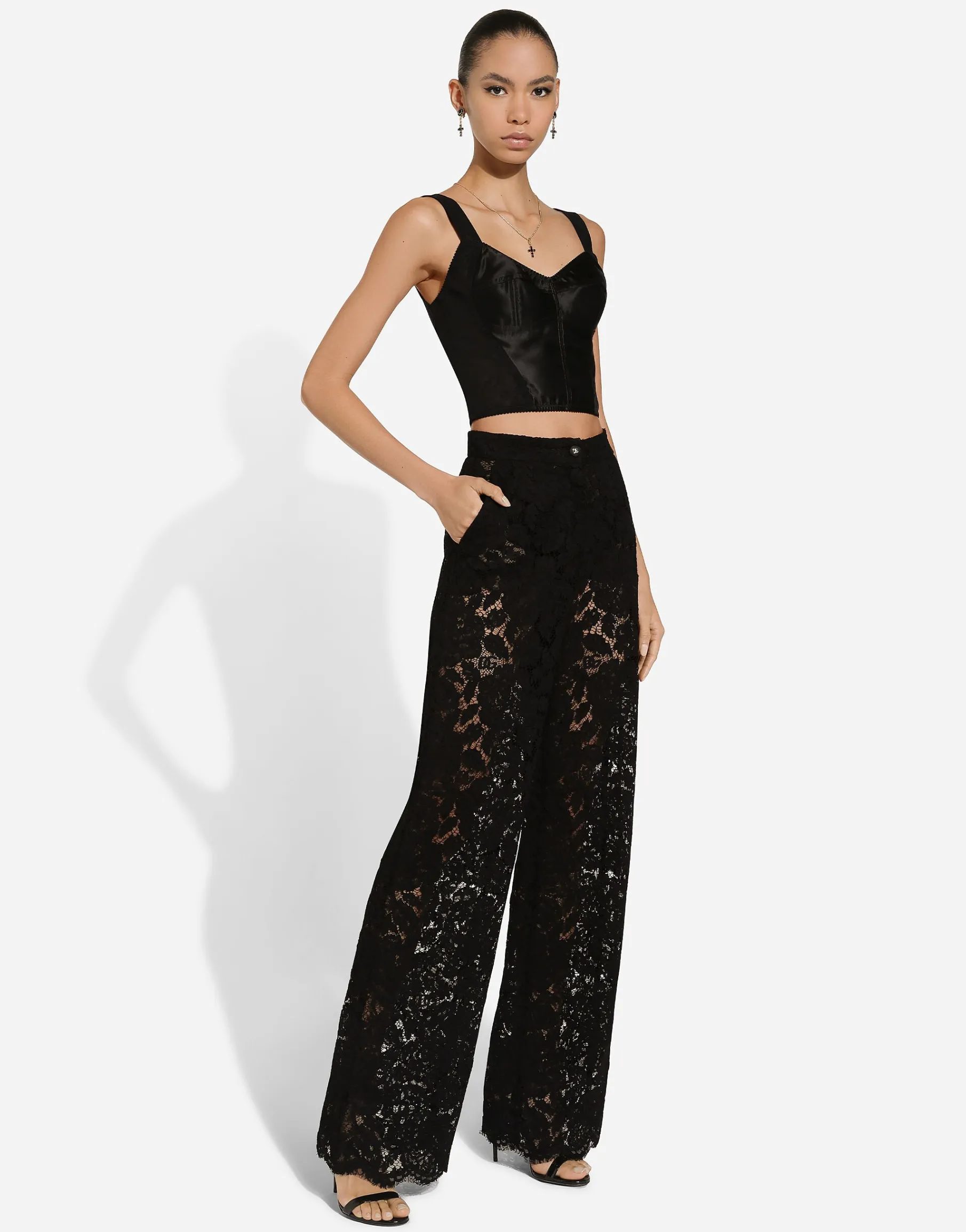Flared floral cordonetto lace pants with DG logo
