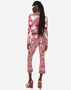 Flared trumpet-leg charmeuse pants with Majolica print
