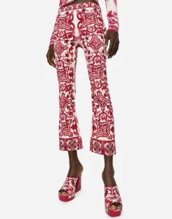 Flared trumpet-leg charmeuse pants with Majolica print