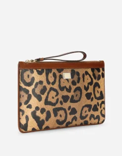 Flat toiletry bag in leopard-print Crespo with branded plate