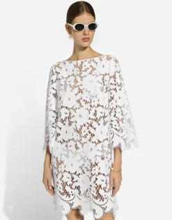 Floaty short cotton dress with floral openwork embroidery