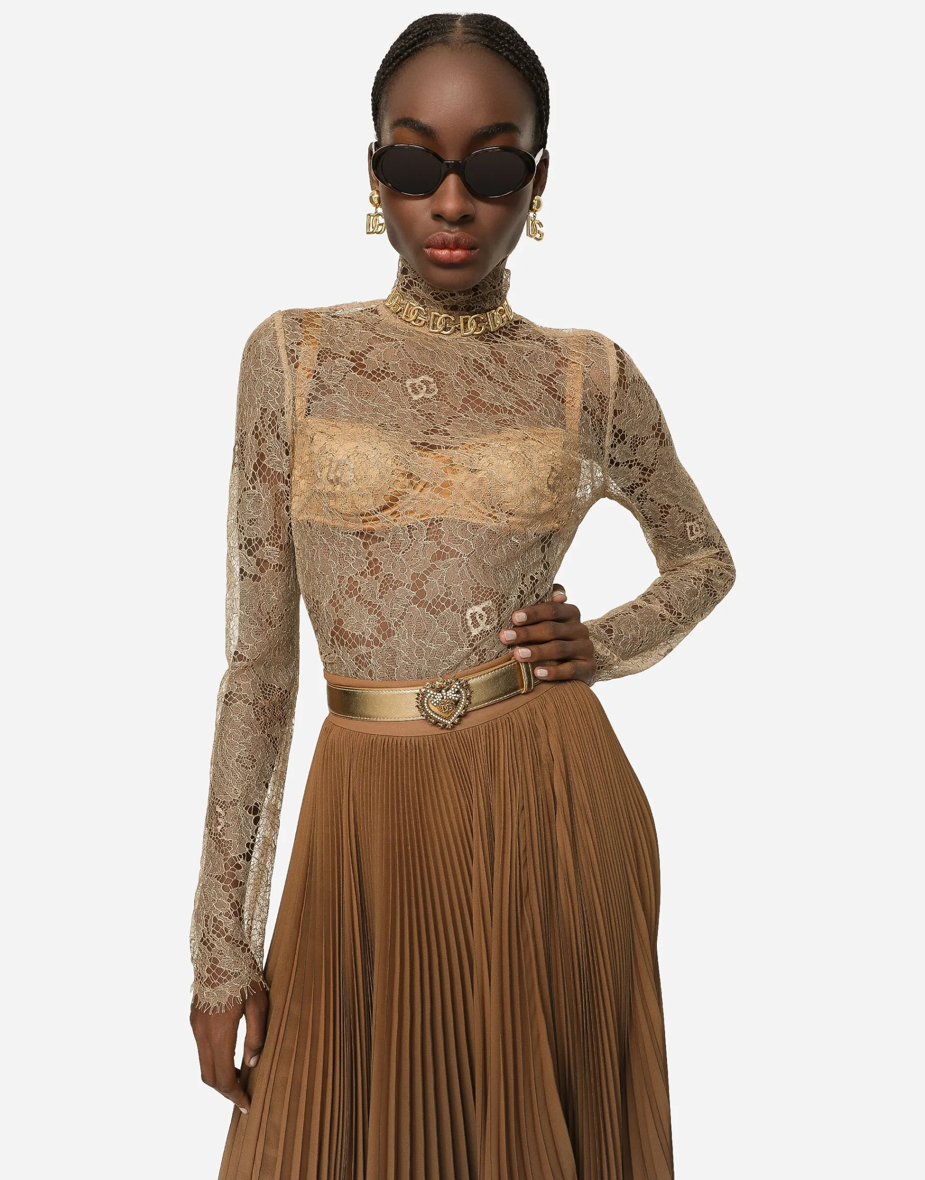 Floral lace turtle-neck blouse