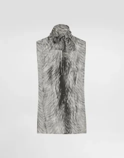 Fur-print chiffon pussy-bow shirt