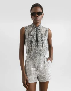 Fur-print chiffon pussy-bow shirt