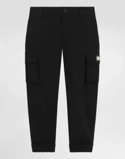 Gabardine cargo pants with branded metal tag