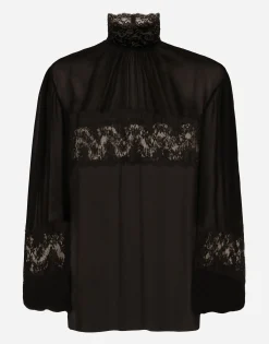 Georgette and lace turtle-neck blouse