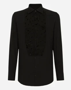 Gold-fit tuxedo shirt with rhinestone embroidery