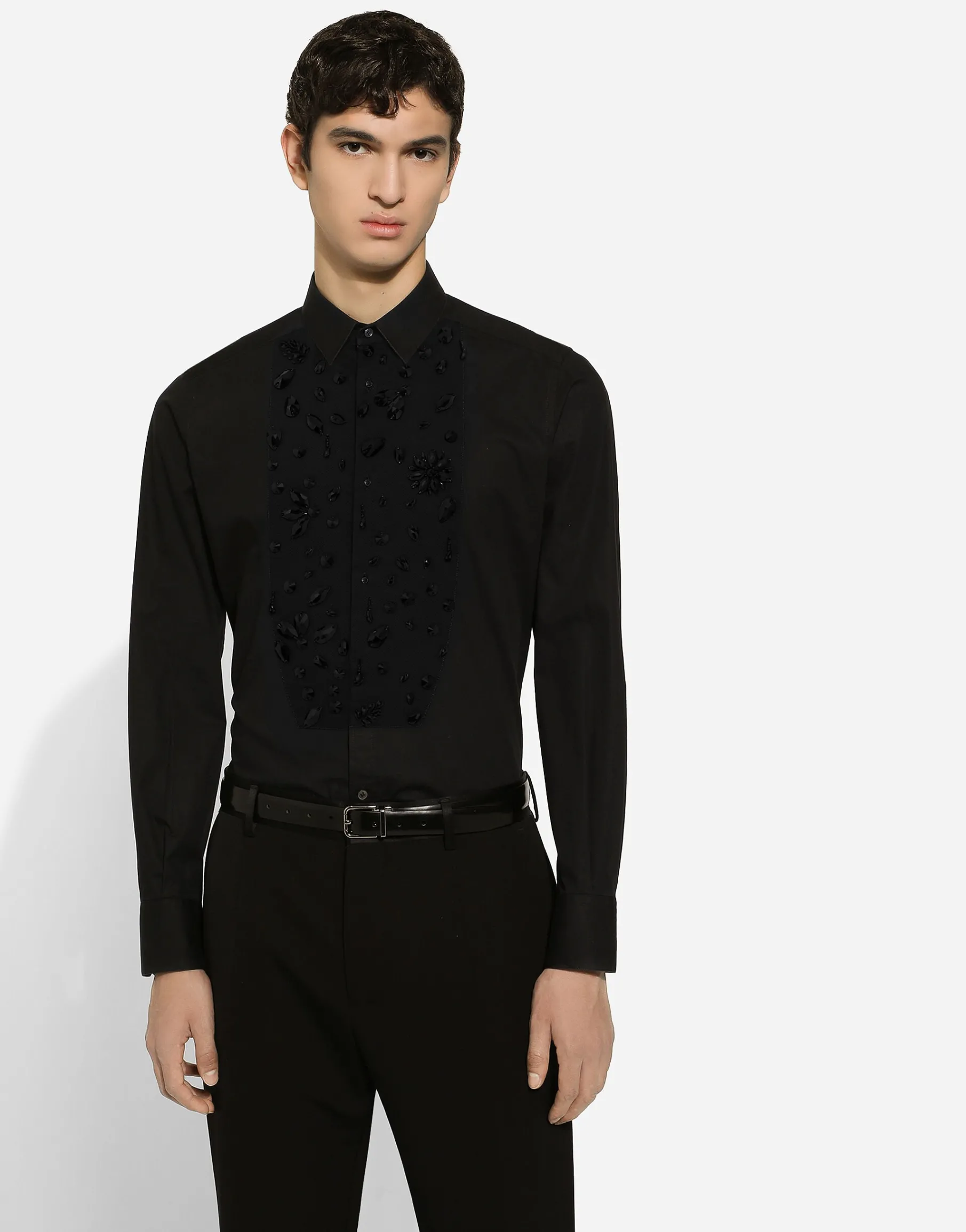Gold-fit tuxedo shirt with rhinestone embroidery