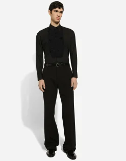 Gold-fit tuxedo shirt with rhinestone embroidery