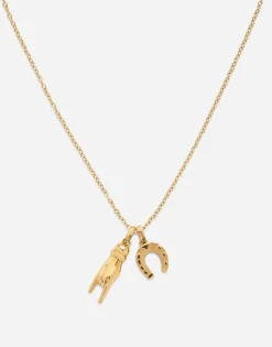 Good luck hand with horn and horseshoe pendants on yellow gold chain