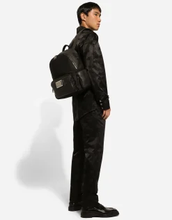 Grainy calfskin and nylon backpack