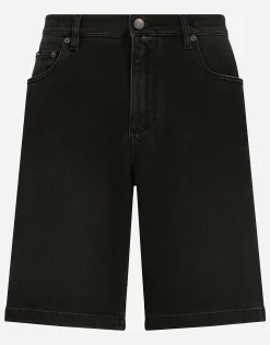 Gray wash stretch denim shorts