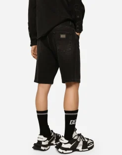Gray wash stretch denim shorts