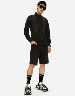 Gray wash stretch denim shorts