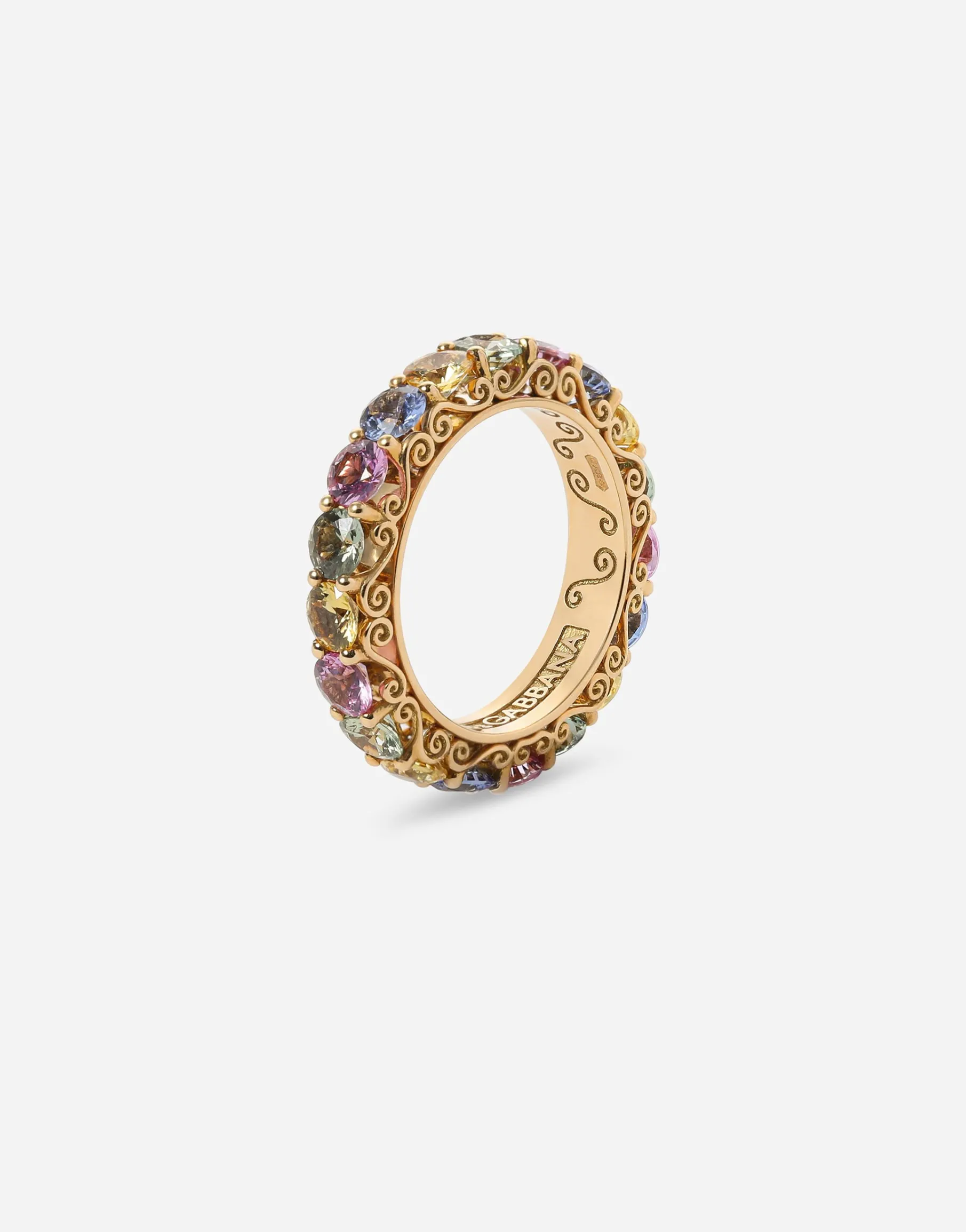 Heritage band ring in yellow 18kt gold with multicoloured sapphires