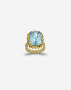 Heritage ring in yellow gold, aquamarine and yello sapphires