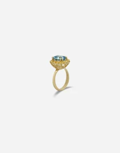 Heritage ring in yellow gold, acquamarine and yellow sapphires