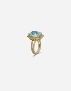 Heritage ring in yellow gold, aquamarine and yello sapphires