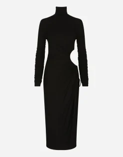 High-necked jersey calf-length dress with cut-out